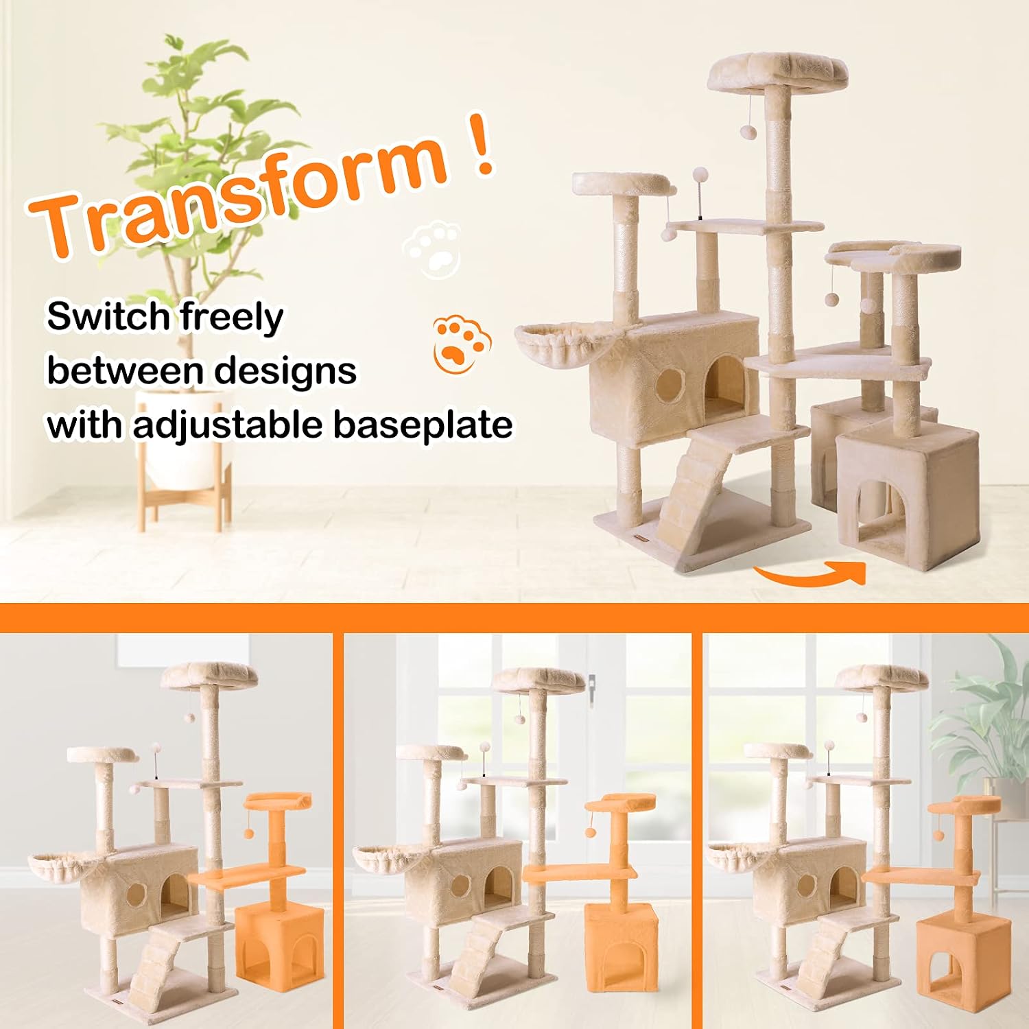 Cat Tree Cat Tower, HAMATE 57 Inches Multi-Level Cat Condo with Basket & Scratching Posts for Kittens/Large Cat, Plush Perch & Toys for Play Rest (Beige)