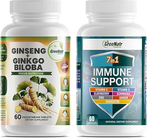 GreeNatr Raíz de ginseng rojo coreano y ginkgo biloba y suplemento de apoyo inmunológico 7 en 1 con vitamina C, vitamina D3, zinc 50 mg, quercetina