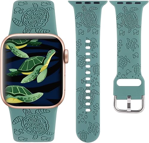 Sea Turtle - Correa deportiva grabada compatible con Apple Watch Band de 1.496 pulgadas, 1.575 pulgadas, 1.614 pulgadas, para mujer, de silicona