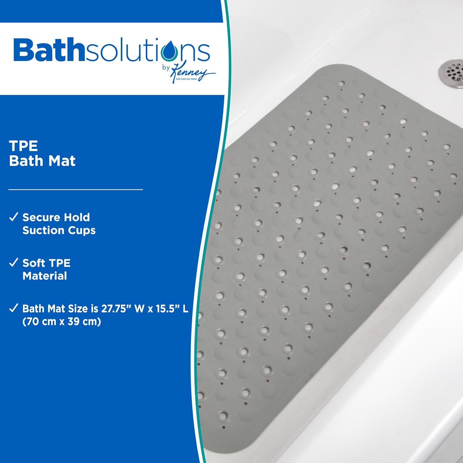 Kenney KN67262 TPE Bubble Bath Mat, Shower Mat, Tub Mat with Suction Cups and Large Drain Holes for Use Inside the Bathroom Shower, 27.75 L x 15.5 W, Gray