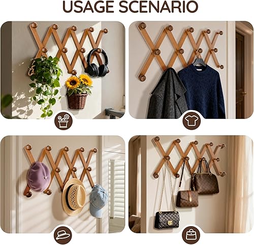 Miniatura 7 de WGFKVAS Paquete de 4 percheros expandibles, colgadores de pared de acordeón, perchero de madera para sombreros montado en la pared, ganchos para