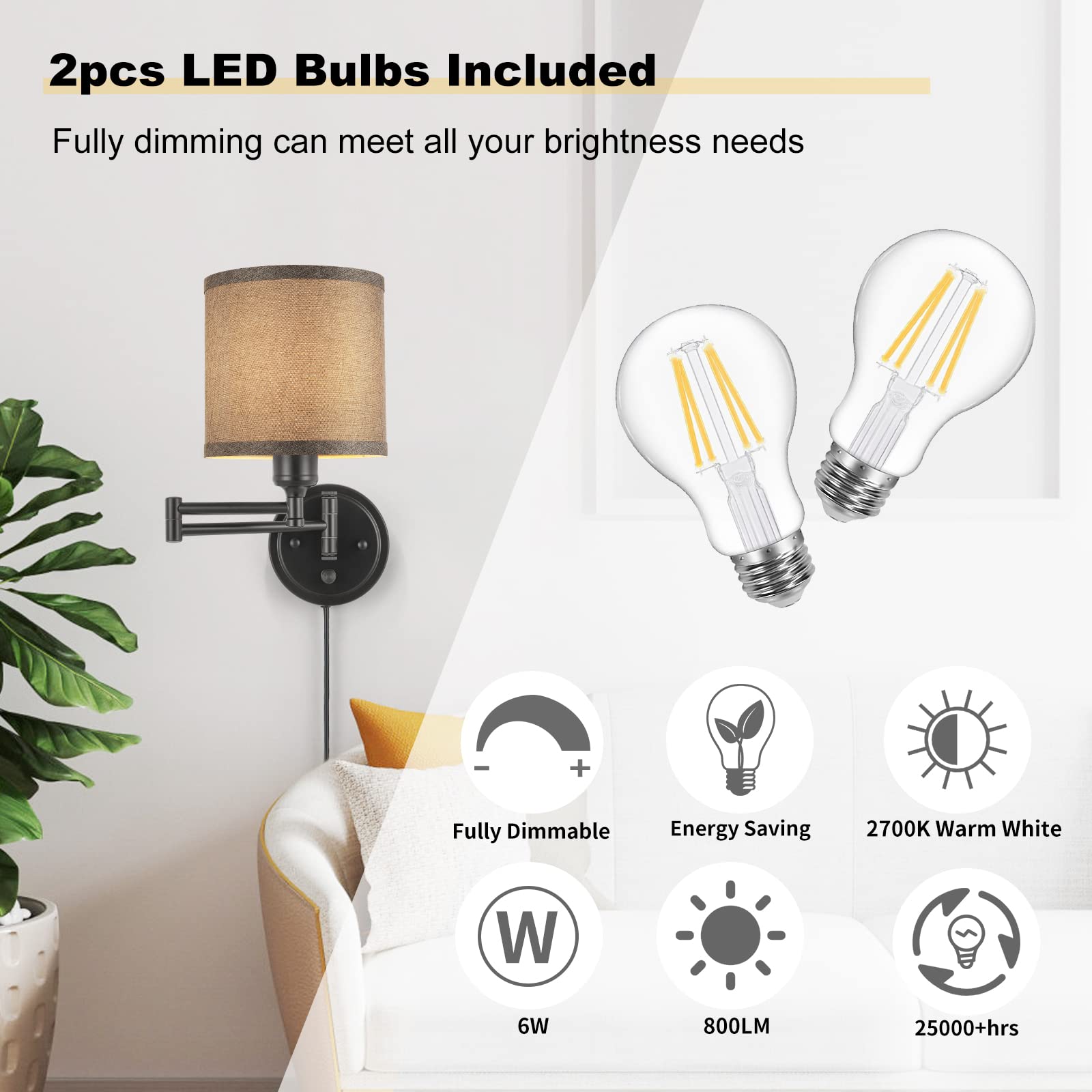 ENCOMLI Dimmable Plug in Wall Sconces, Swing Arm Wall Lamp with Plug in Cord, Wall Sconces Set of Two, Plug in Wall Light, Grey Fabric Shade, 2pcs Bulbs Included