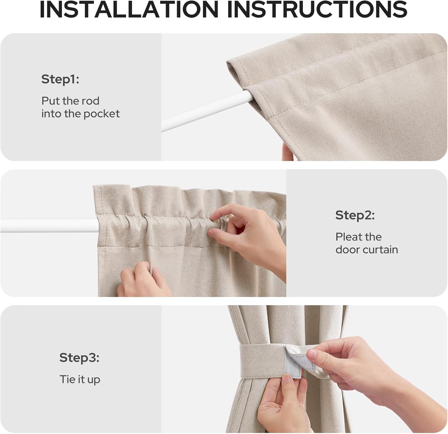 HOMEIDEAS 100% Blackout Linen French Door Curtain, Modern Farmhouse Door Window Curtains Decor, Privacy Insulated Blinds with Tie Up for Front, Glass Window, Natural Beige, 26W X 80L Inch，1 Panel