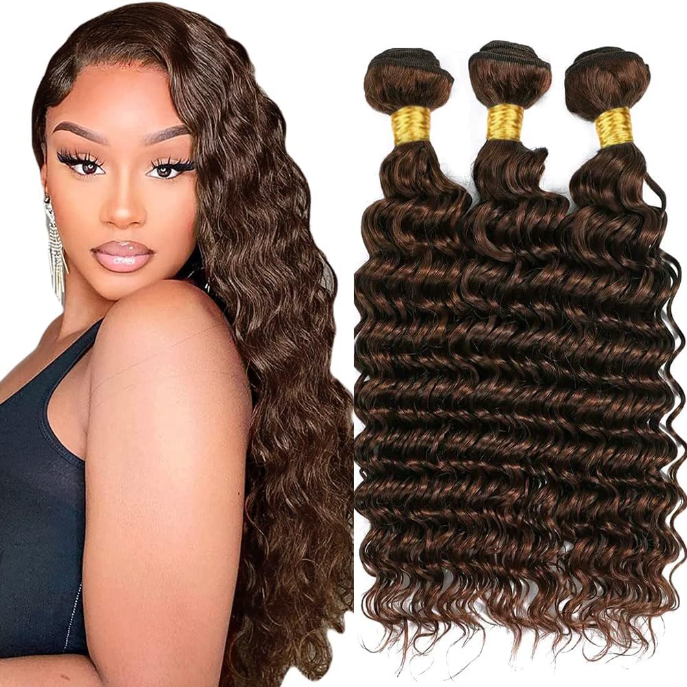 Deep Wave Human Hair Bundles Color #4 Chocolate Brown 16 18 20 Inch 3 Bundles Human Hair Deep Weave Unprocessed Virgin Hair Extensions 50 Gram Per Bundle