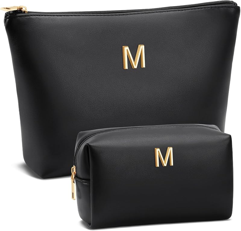 Necessaire de maquiagem CLOUDWINGS com inicial personalizada, preta, formato retangular, tamanho M