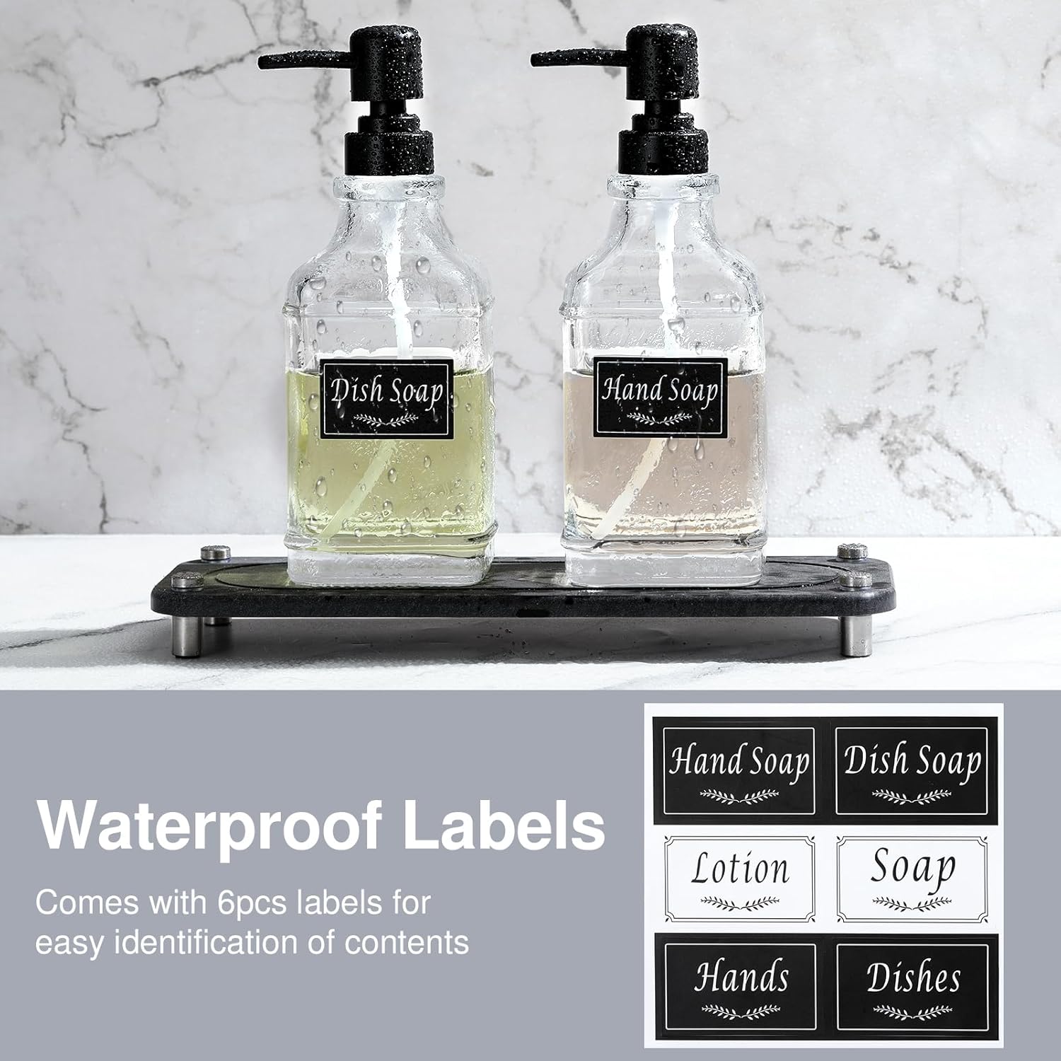 Shinowa Kitchen Soap Dispenser Set, Soap Dispenser for Kitchen Sink with Water Absorbing Stone Tray, 2 Pack 18OZ Thick Glass Hand and Dish Soap Dispenser with Pump, Stylish Bathroom Decor Accessories - Image 5