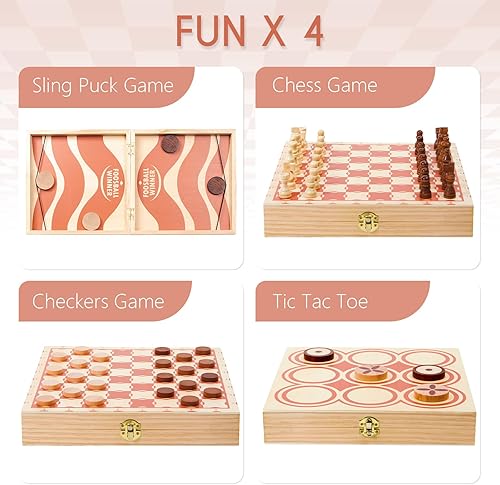 Miniatura 2 de RM ROOMERS Juego de discos rápidos de madera 4 en 1 para adultos, ajedrez, damas, Tic Tac Toe, juegos de mesa de viaje plegables portátiles, juegos