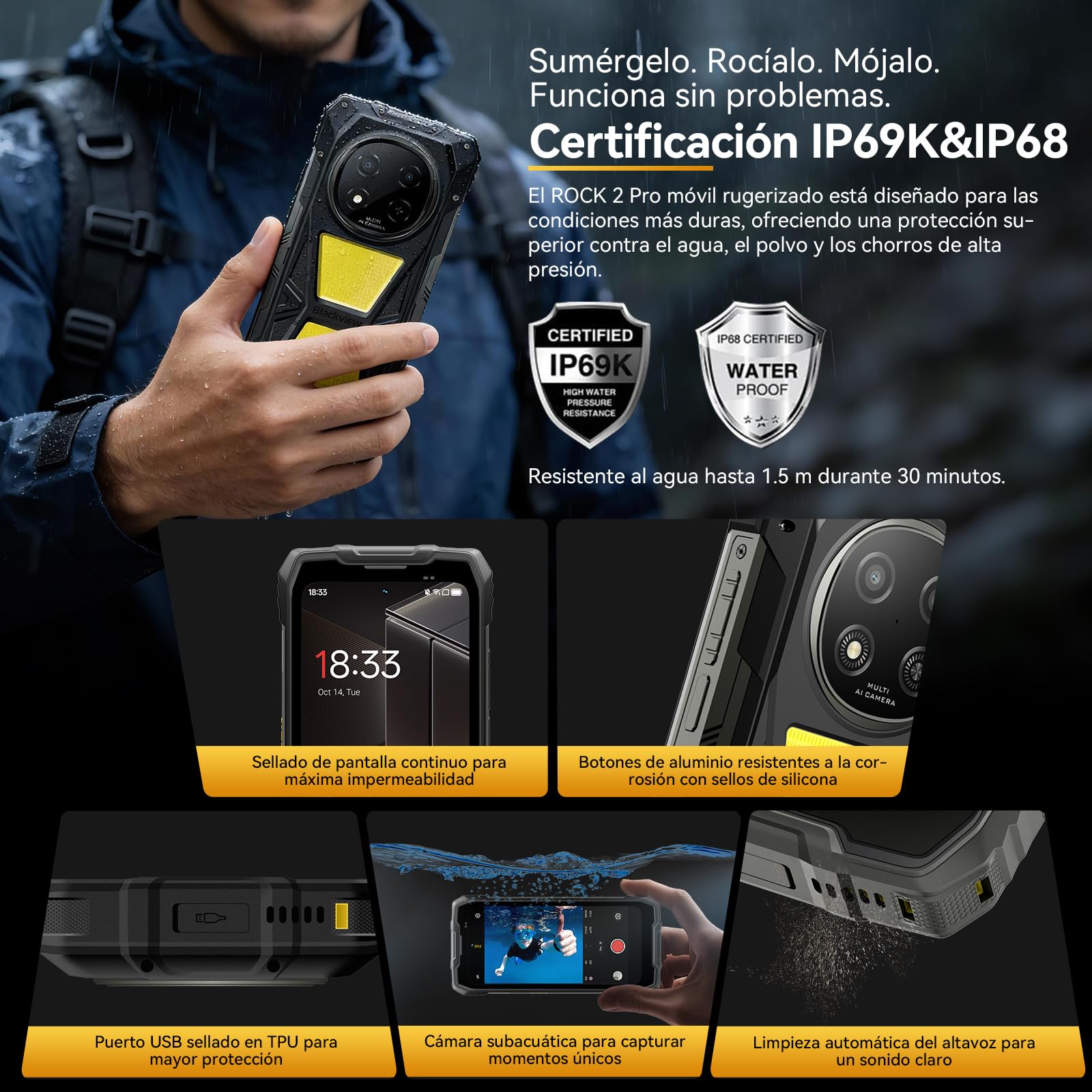 Blackview Rock 2 Pro Movil Irrompible, Android 16 Movil Indestructible 5G 32GB+256GB, 6.67" HD+ Display 120Hz 15000mAh IP69K Móvil Rugerizado, 16MP AI Kamera, NFC/OTG/GPS/Gemini AI/Glove Mode 2.0