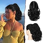 SOFEIYAN Ponytail Extension 11 inch Claw Clip Ponytail Hair Extensions Long Curly Wavy Ponytail Fluffy Clip on Pony Tails Synthetic Hairpiece for WomenBlack