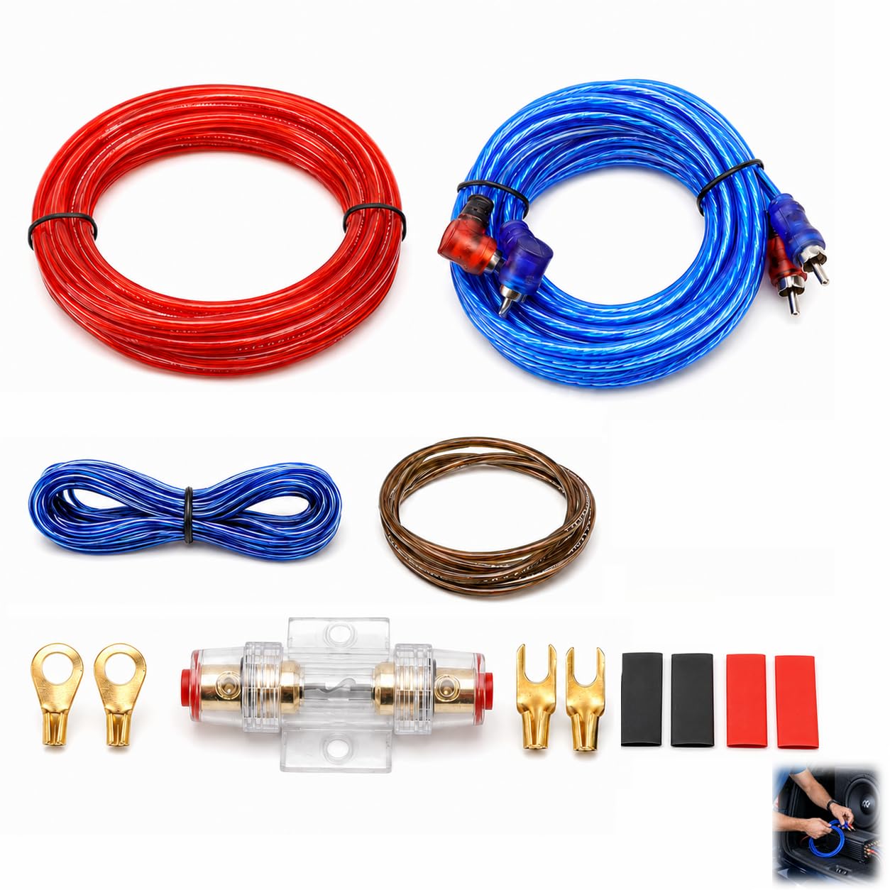Kabelset für Autoverstärker, Verkabelung Verstärker Auto, 10 GA, AGU-Sicherung 60 A, Stromkabel 4,5 m, RCA, Masse, Fernbedienung, Kabelschuhe und Hülsen, für Verstärker, Subwoofer, Subwoofer