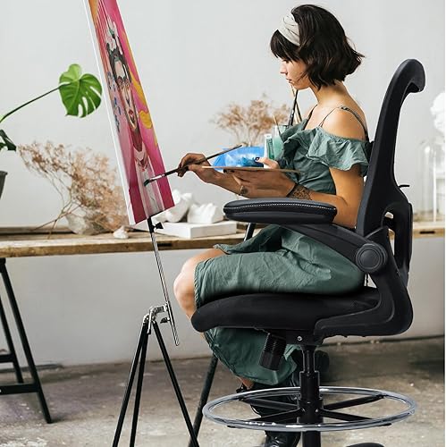 Miniatura 9 de Silla de dibujo, silla de oficina alta ergonómica para escritorio de pie, silla de escritorio de altura de mostrador con reposabrazos acolchados