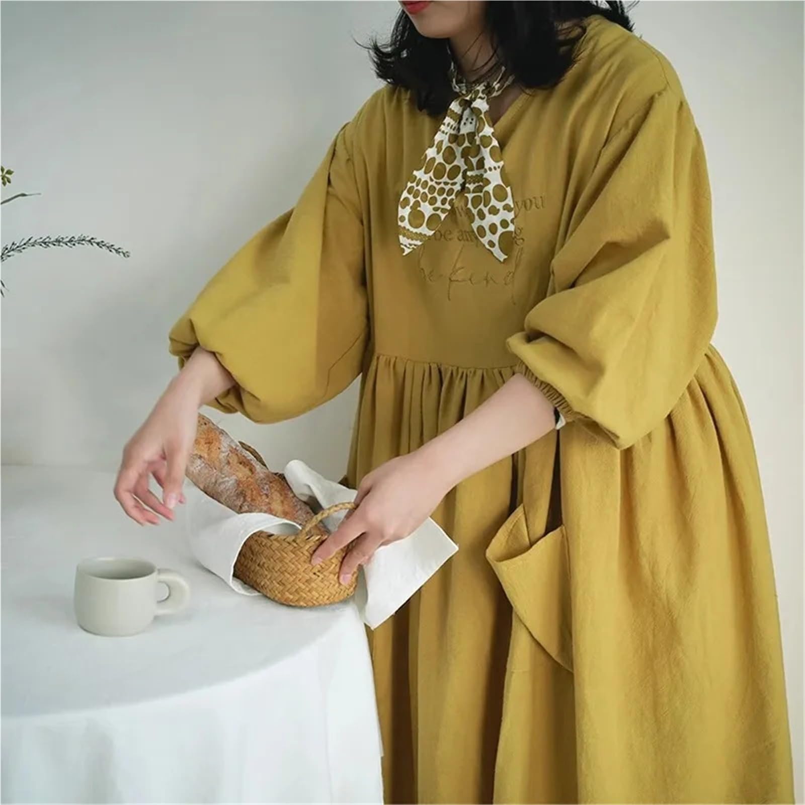 Grembiule da cucina donna con ricamo taglie forti 3 pezzi per Cucinare | Grembiule con tasca, grembiule in cotone ampio allargato a maniche lunghe for la pulizia della cottura