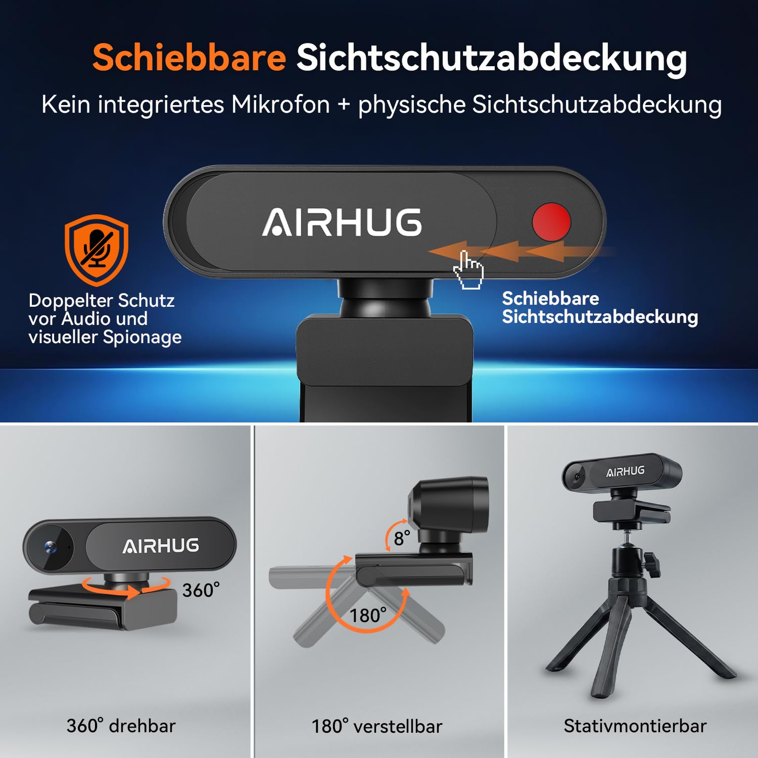 AIRHUG 4K UHD USB-Webcam ohne Mikrofon mit Sichtschutzabdeckung, USB-Kamera | 16MP Sony-Sensor, PDAF-Schnellfokus, 63° Goldlinse, Auto-Lichtkorrektur, Privacy-Abdeckung für Meetings