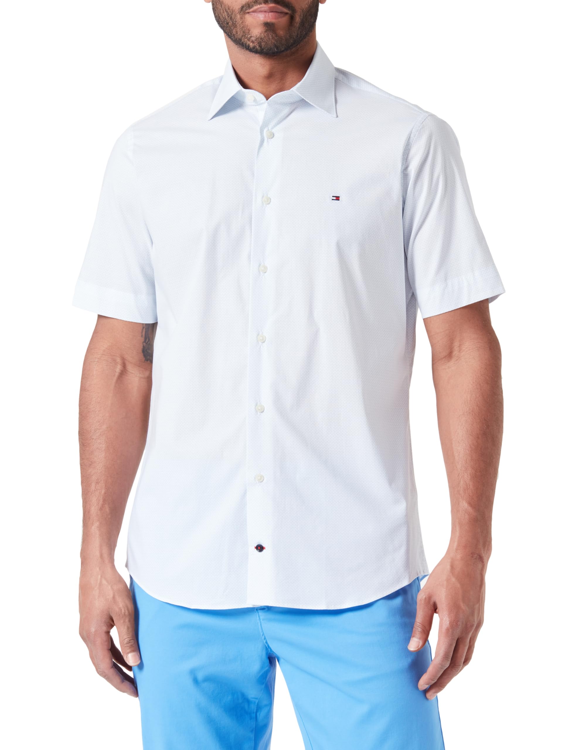 Tommy Hilfiger Camisa de Manga Corta para Hombre, Azul (Optic White / Light Blue), 41