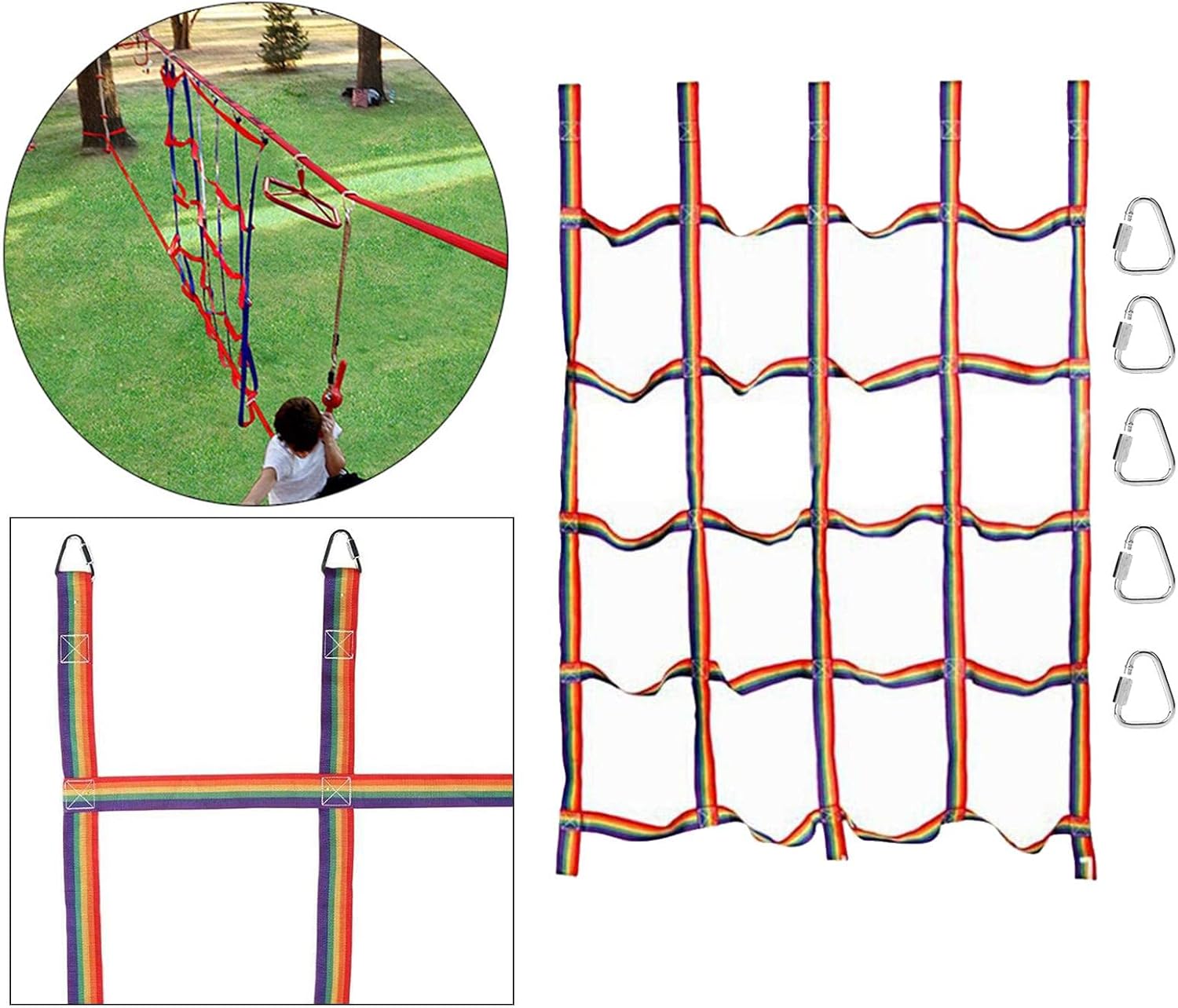 Outdoor Kids Climbing Net Jungle Gym Obstacle Course Treehouse Equipment - Develop Upper Body Strength and Coordination - Fun Adventure Activities - Multicolor Nylon Material -