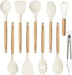 CAROTE Silicone Cooking Utensils Set, Kitchen Utensils Set 10 Pcs for cooking, BPA Free Spatula Set with Heat Resistant Wood Handles for Nonstick Cookware (Cream White)