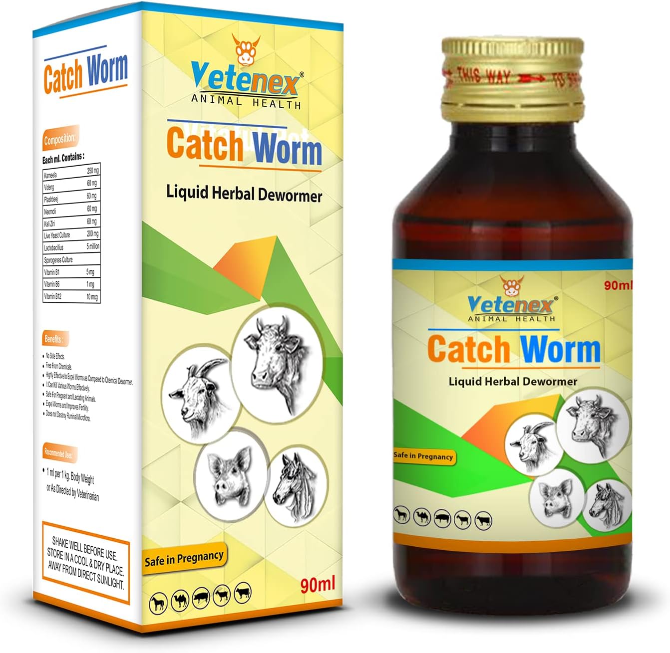 Catch Worm - Veterinary Liquid Herbal Dewormer for Cattle, Cow, Buffalo, Goat, Sheep, Pig, Horse and Camel - 90 ML