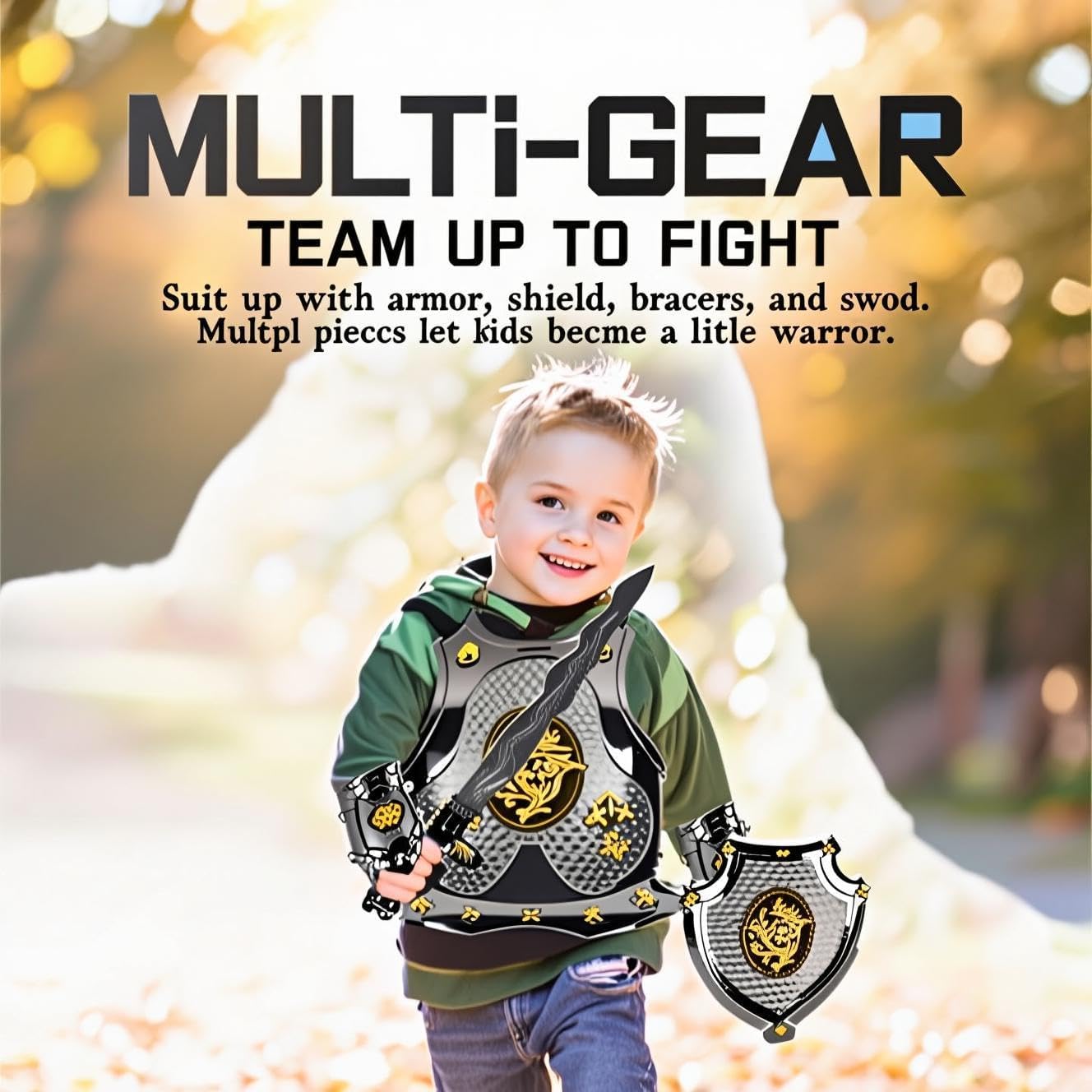 Kids Knight Costume with Armor Set - Medieval Crusader Role Play Costume for Boys 3-5, Plastic Armor Suit with Sword, Shield,Vambrace,Dragon Design Dress Up Cosplay - Image 3