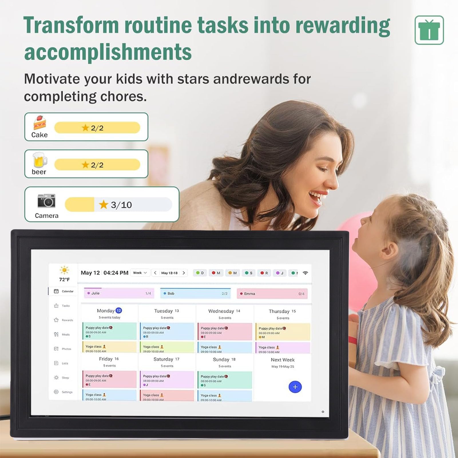 Sxhlseller 21,5-Zoll-Smart-Touchscreen-Digitalkalender, WLAN-Wandmontierbarer Familienplaner mit Interaktiver Aufgabentabelle und App-Steuerung, für Cozi Yahoo Sync (EU-Stecker)