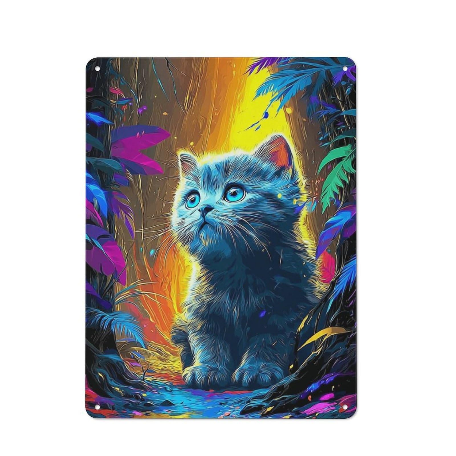 Neon Kitten in Vibrant Jungle Metal Gift Sign 40x30cm, Vintage Home Wall Decor for Home, Shop, Pub Or Studio Wall