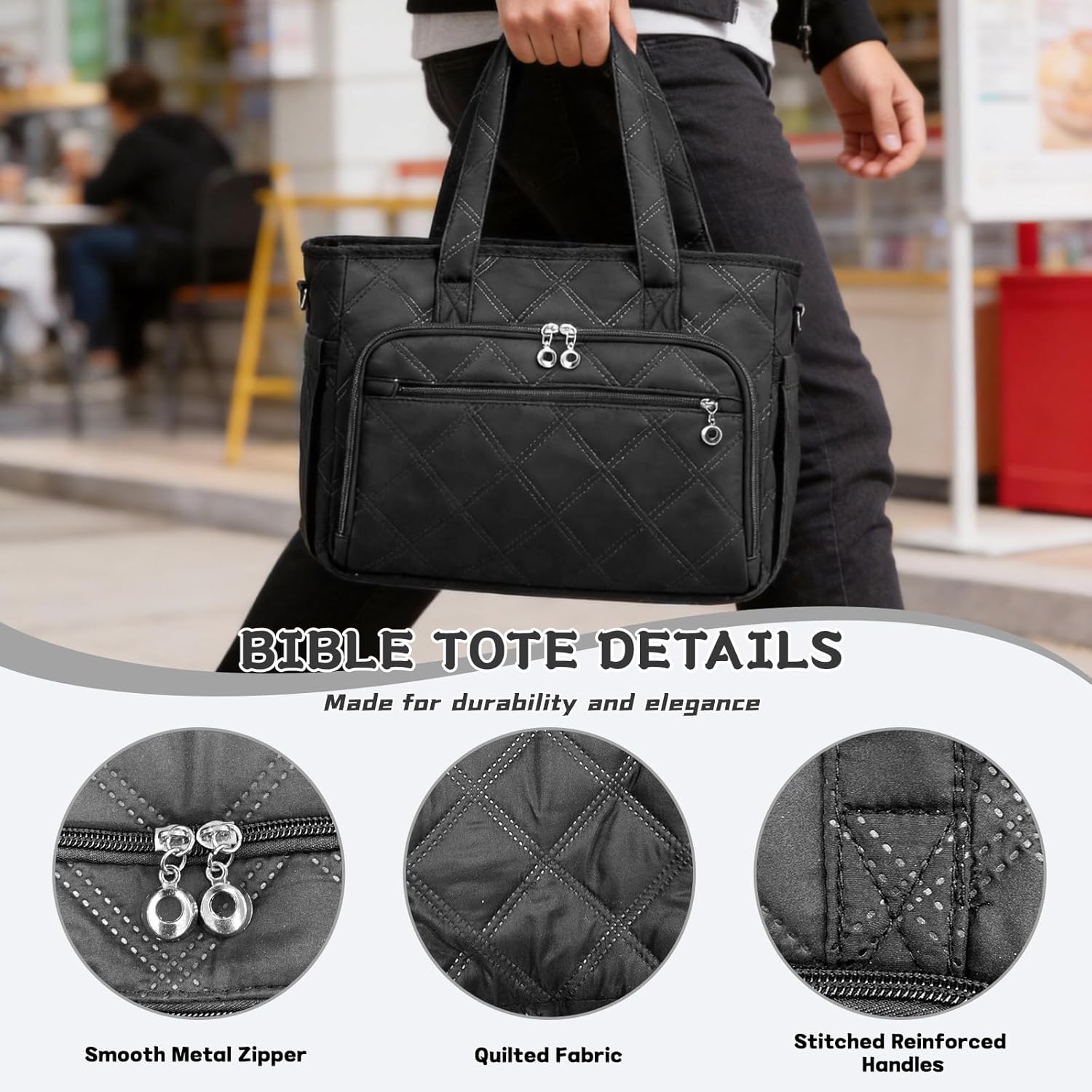 Large Black Bible Bag with Bible Cover Case Spliced Flower Pattern for Women, Quilted Bible Bag with Shoulder Strap, Bible Study Supplies, Valentines Day Christian Gifts for Lady Women Mom