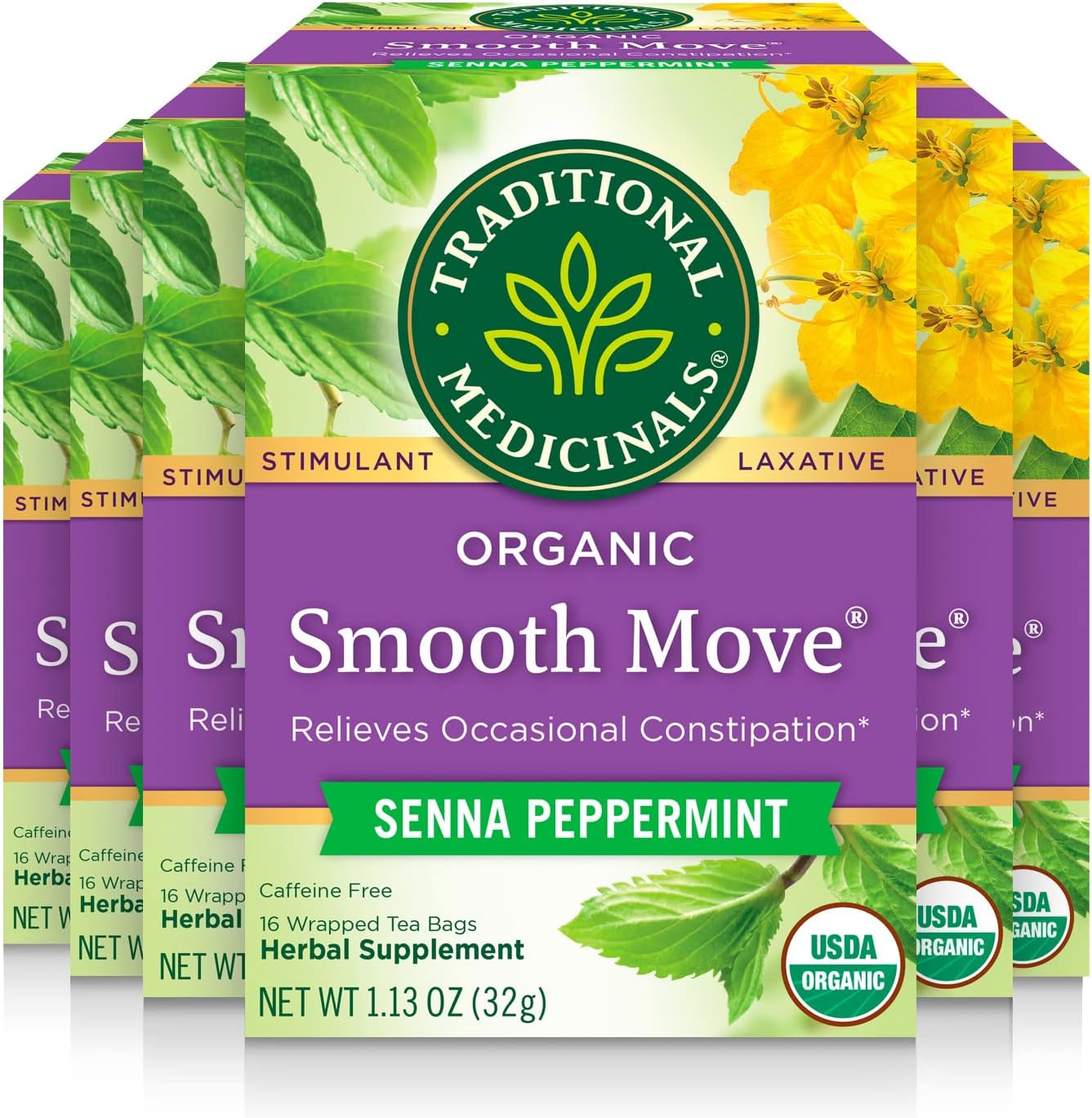 Traditional Medicinals Tea, Organic Smooth Move Peppermint, Relieves Occasional Constipation, Senna, 96 Tea Bags (6 Pack)