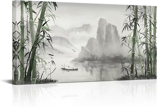 Biuteawal Black and White Nature Landscape Wall Art Green Bamboo Picture Canvas Artwork Chinese Style Shanshui Painting Home Office Decor Framed