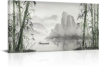Biuteawal Black and White Nature Landscape Wall Art Green Bamboo Picture Canvas Artwork Chinese Style Shanshui Painting Home Office Decor Framed