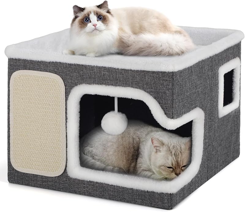 Casa e Cama para Gatos Shikha com Arranhador, Almofadas Reversíveis e Bola Peluda Cinza – MS-0013