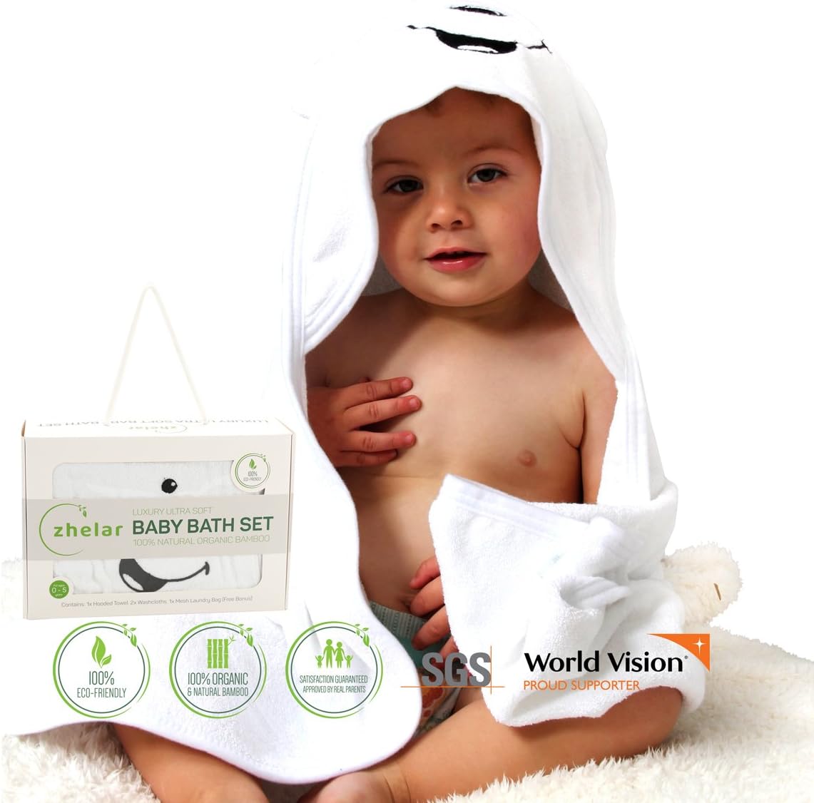 Luxury Bamboo Baby Bath Set | Hooded Towel with Ears & 2 Washcloths | Organic, Ultra Soft, Extra Large | Perfect Shower Gift for Newborn, Infant, & Toddler | Bonus Laundry Bag | ZHELAR