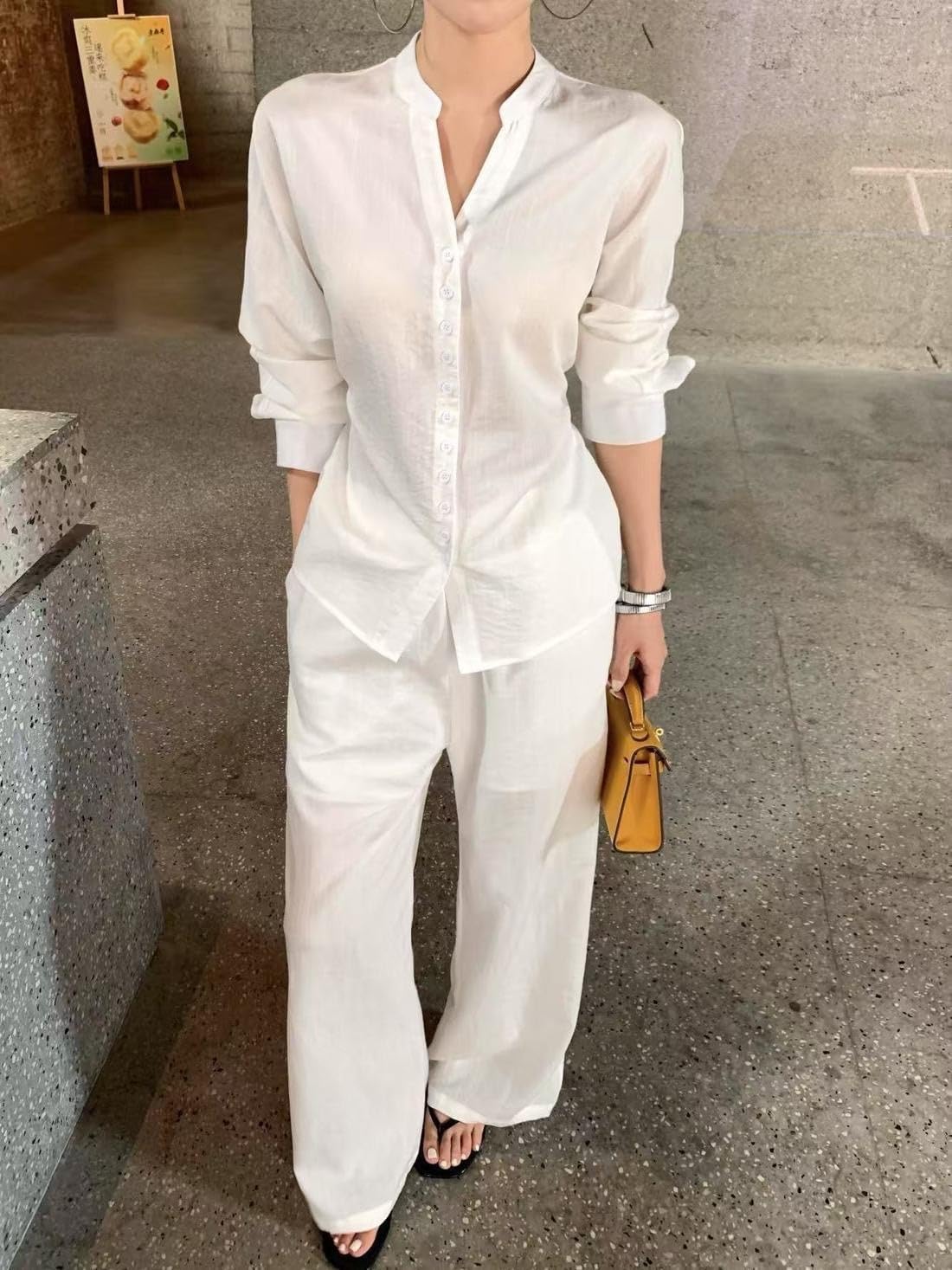 Women Embroidered Two Piece Set Cotton Linen Top Pants Loose Fit Summer Outfit