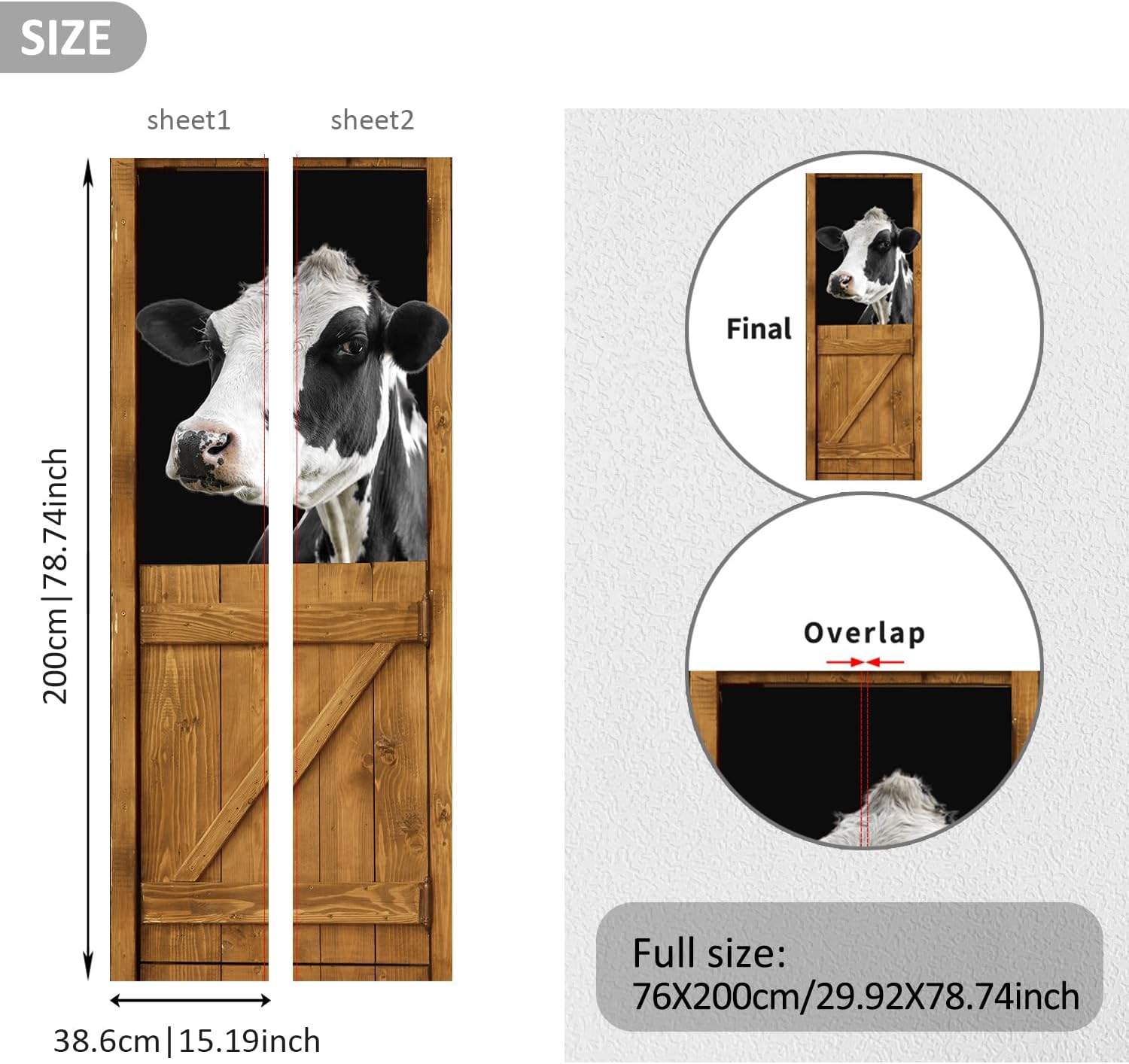 Door 3D Animal Cover Skin Peel and Stick Wallpaper Door Vinyl Wrap for Living Kitchen Decor, Cows