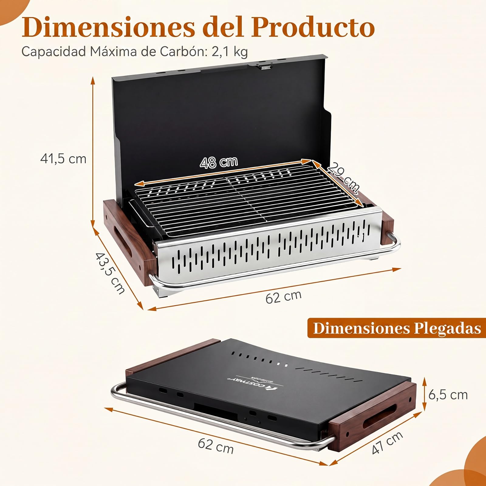 COSTWAY Mini Barbacoa Carbón Mesa Plegable, Parrilla Portátil,(62x43,5 cm) | Metal, Rejilla de Cocción Ajustable en Altura, Orificios de Ventilación, BBQ Camping Picnic Tereaza