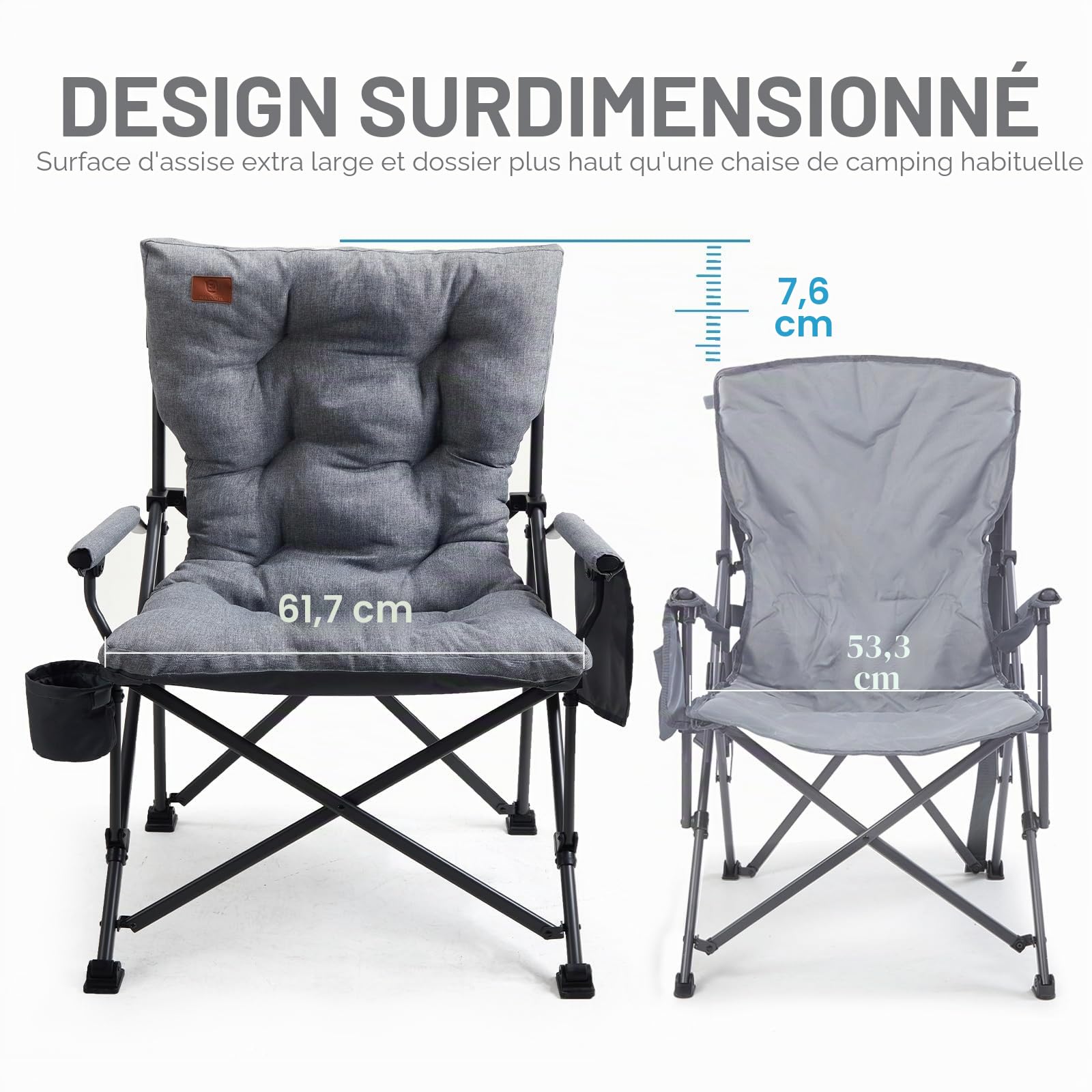 EVER ADVANCED Chaise Camping Pliable XL Assise rembourrée, 230kg | Chaise pliante largeur d'assise 62 cm avec poche latérale, porte-gobelet, surdimensionnée pour camping, extérieur, gris