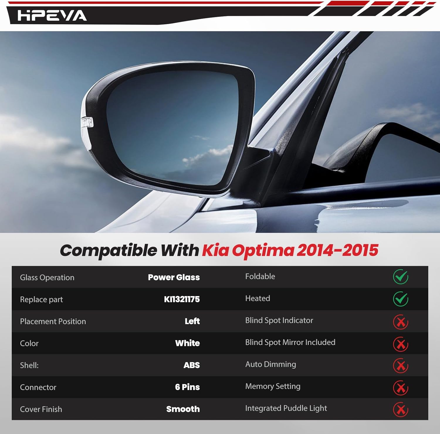 2014 2015 Left Driver Side Mirror Rear Door View Mirror Compatible with Kia Optima EX/LX/SX,with Manual Folding/Power Adjustment/Signal Light System/HD Glass,Replace KI1321175(White,6pins)