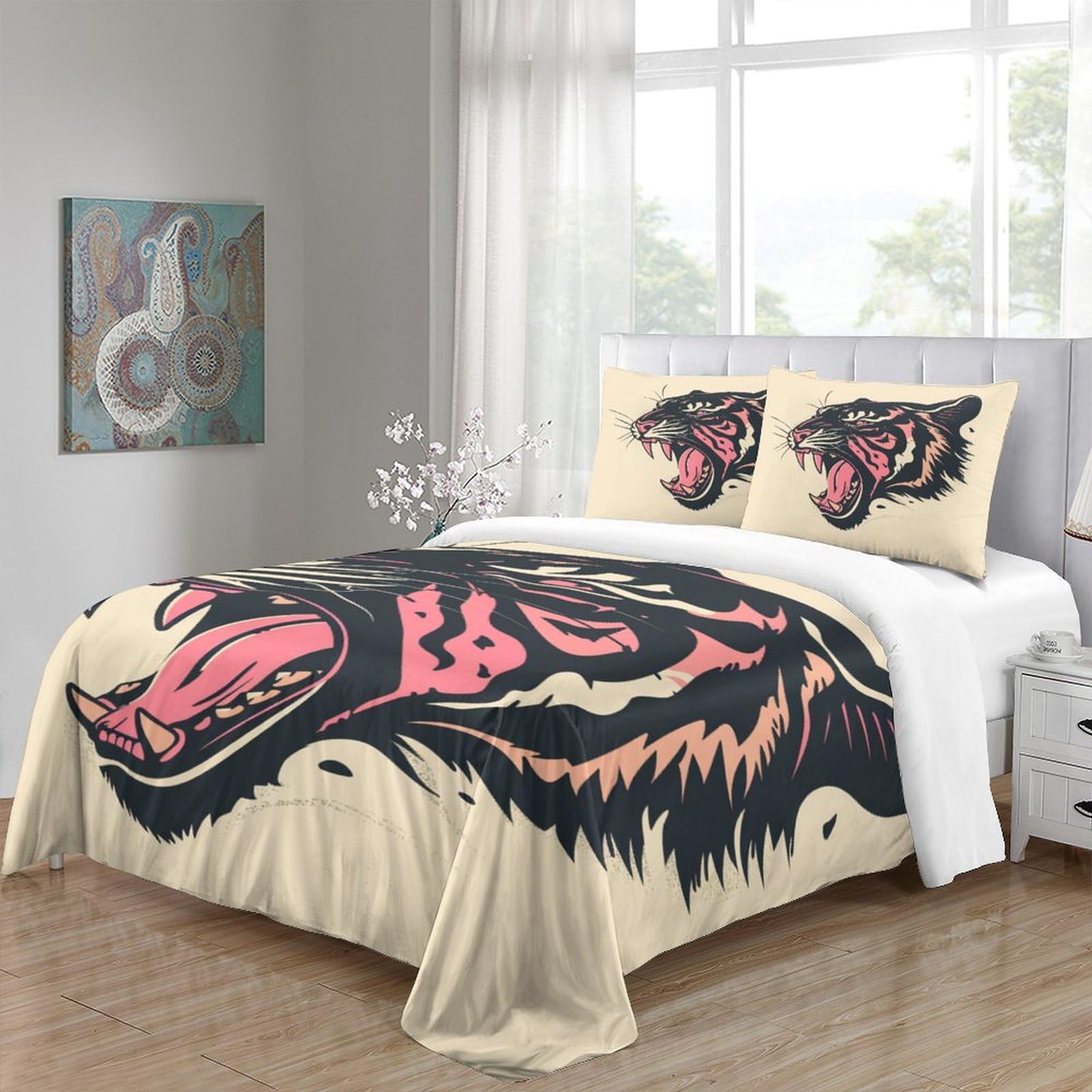 Stampato in 3D tigre Copertina Stampata Microfibra Disegnata Biancheria Da Letto Ipoallergenico Con 2 Federe,King（220x240cm）, Per Adolescenti E Adulti