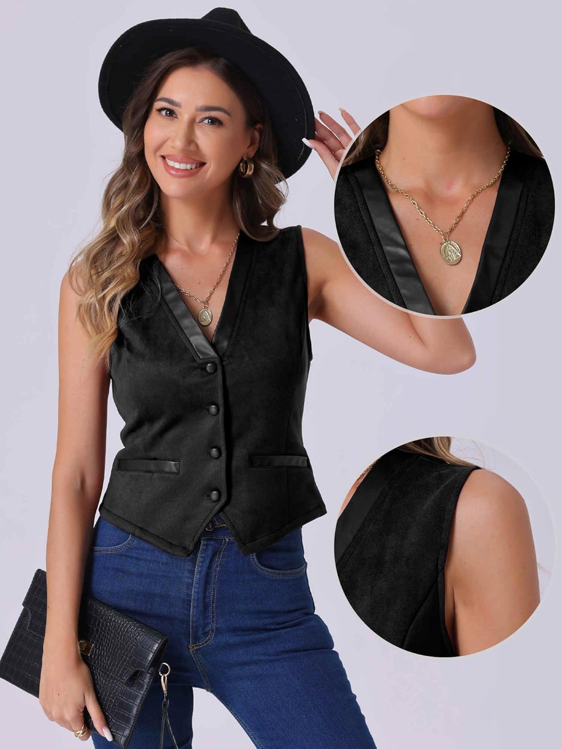 Allegra K Vintage Suit Waistcoat for Women's V Neck Faux Suede Button Down Sleeveless Jacket Vest - Image 2