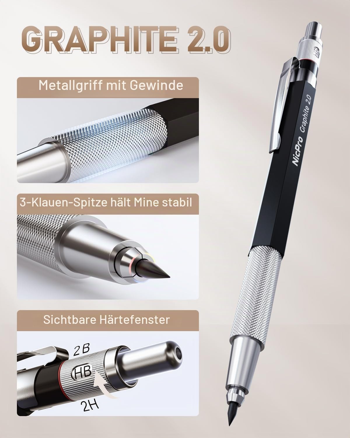 Nicpro 30 Stück Kunst Druckbleistifte Set mit Ledertasche, Metall Bleistifte 0,5, 0,7, 0,9, 2 mm mit 16 Tuben (6B 4B 2B HB 2H 4H CR) Minen (Schwarz und Farben), Zeichenstifte für Skizzieren, Zeichnen