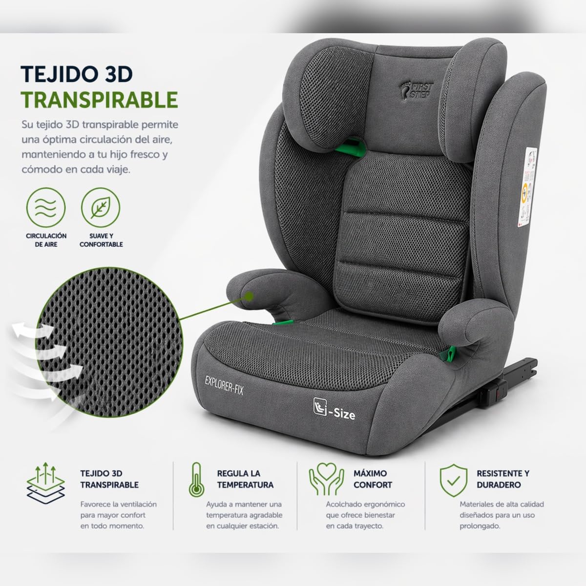 First Step Explorer Fix Silla Coche Niño i-Size (100-150 cm), Grupo 2/3 ISOFIX, Reposacabezas 13 Posiciones, Reclinable, Protección Lateral SPS, De 3,5 a 12 Años, Convertible en Alzador, Gris