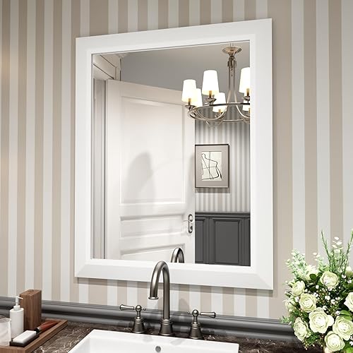 Amorho Bathroom Mirror, 24x30 Inch White Thick Metal Framed Wall Mirrors for Over Sink, Bedroom, Living Room, Entryway, Rectangle Wall-Mounted Mirrors(Horizontal/Vertical).