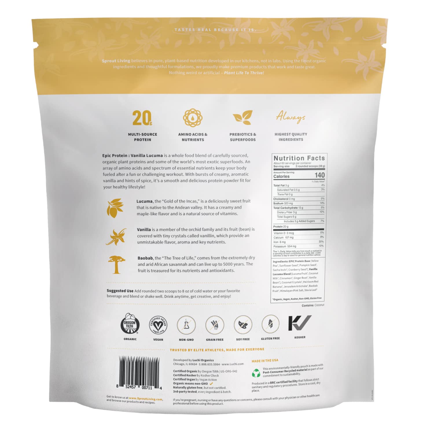 Sprout Living Epic Protein, Plant Based Protein & Superfoods Powder, Vanilla Lucuma Powder | 20 Grams Organic Protein Powder, Vegan, Non Dairy, Non-GMO, Gluten Free, Low Sugar (5 Pound, 60 Servings)