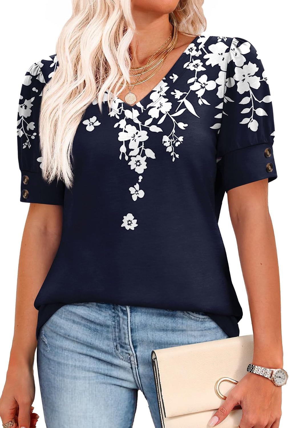 OFEEFAN Womens Tops Short Sleeve Shirts Buttons V Neck Spring Fashion Summer Outfits Plus Size Blouses Dressy Casual thumbnail