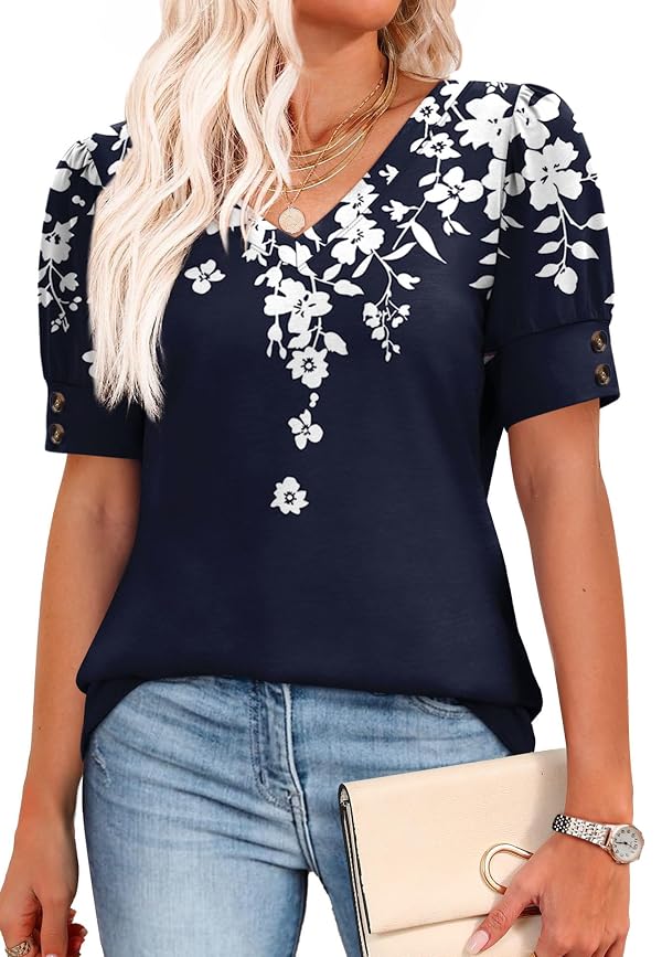 Summer Tops for Women 2026 Fashion Clothing Short Sleeve Shirts Dressy Casual Blouses Business Casual Outfits V Neck Tshirts Floral Navy 2XL by OFEEFAN - Used condition - Image 3