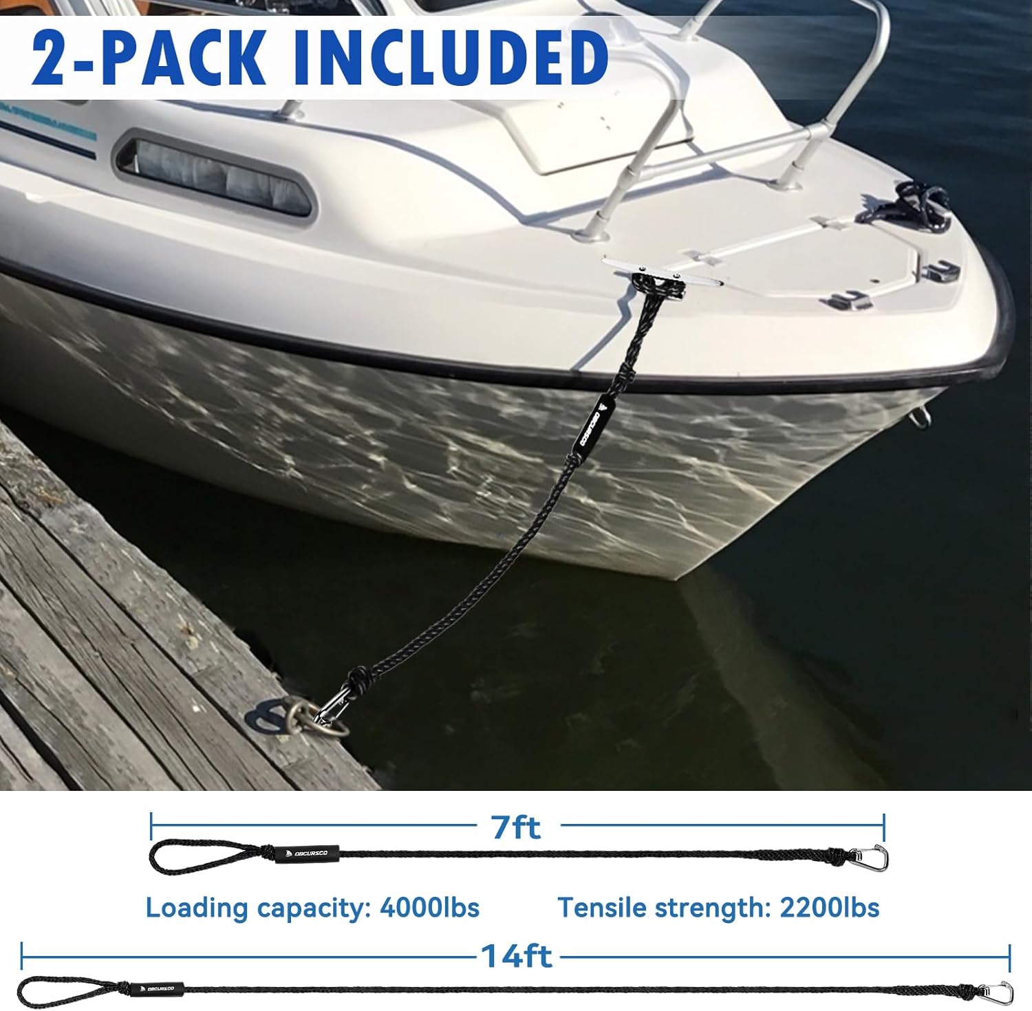 Obcursco PWC Boat Dock Lines 1/2”x (7ft & 14ft), Jet Ski Mooring Dock Line Tie Pontoon Accessories for Waverunner, Kayak Tow Lines with 316 Stainless Steel Clip (Black)