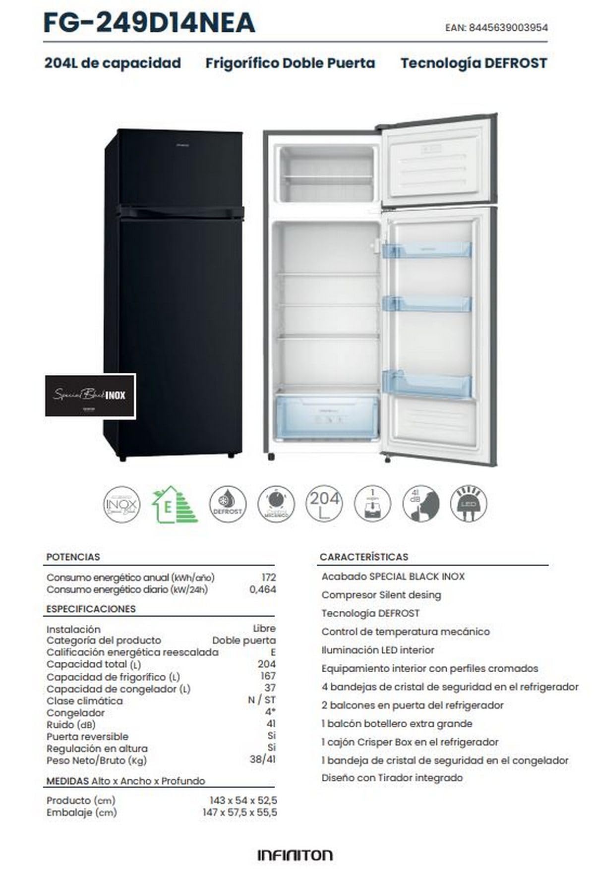 INFINITON Frigorifico Dos Puertas FG-249D14NEA, 204 Litros, 143 cm de Altura, E, Led Interior, Puerta Reversible, Negro