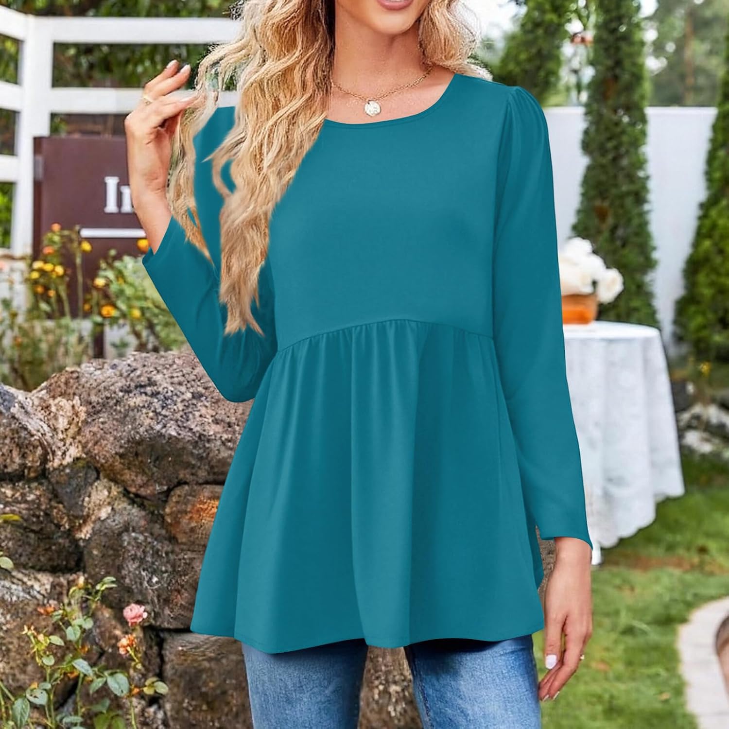 Womens Long Sleeve Babydoll Tops Trendy Crewneck Soild Tunic Shirts Business Casual Plus Size Blouse Fall 2025