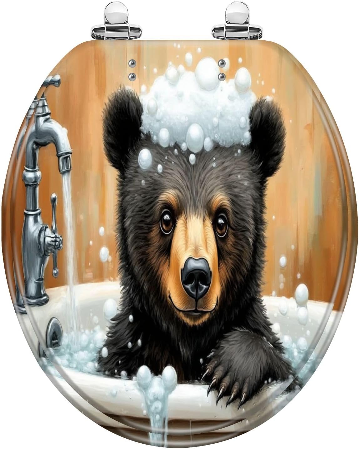 Round Toilet Seat Funny Bathroom Rustic Farmhouse Animal Bear Bathtub Soap Bubbles Water Resin Toilet Seat Slow Quiet Close Lid with Quick-Release Hinges Cover Bumpers Easy to Clean Install