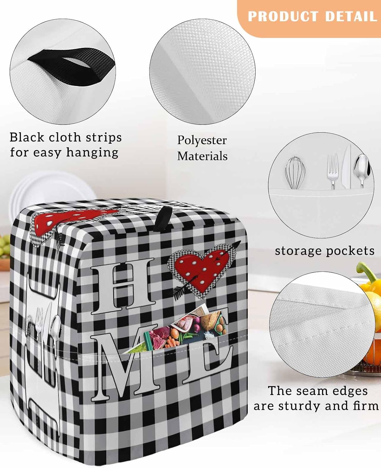 Vintage Home Stand Mixer Cover with Storage Pocket, Waterproof Kitchen Mixer Covers, Valentine's Day Love Heart Black White Plaid Kitchen Appliance Dust Cover Compatible with 4/4.5 Quart Mixers