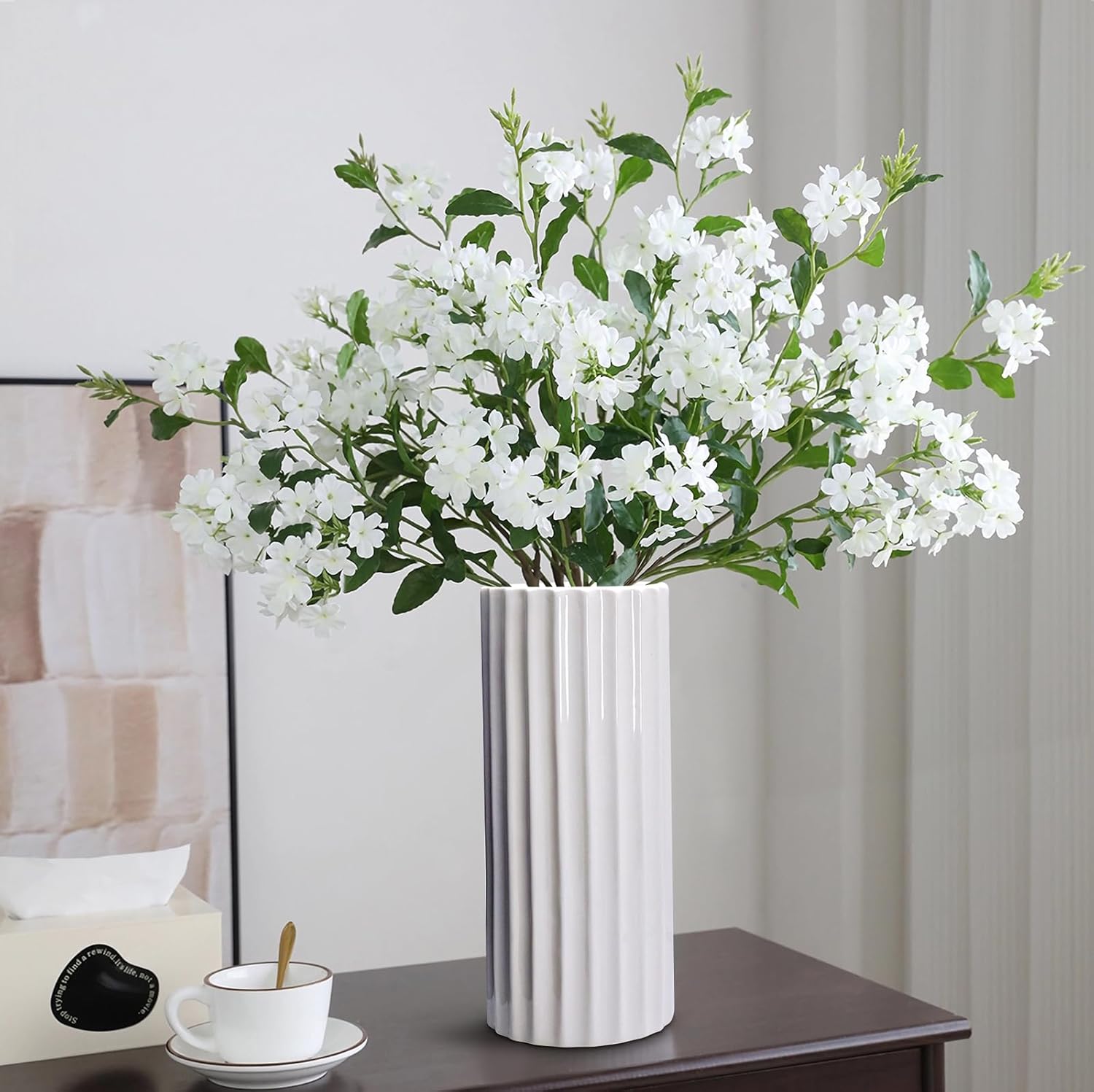 GeLive Glazed White Ceramic Vase Ribbed Straight Cylinder Minimalist Waterproof Flower Vase, Home Decor Centerpiece for Fresh Bud Artificial Dried Flowers 9 Inch Height - Image 7