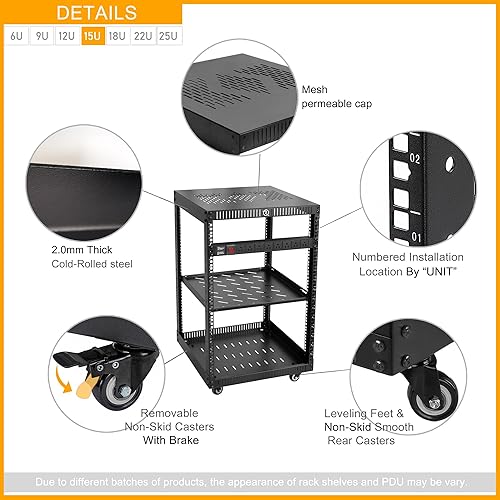 Miniatura 10 de RIVECO Rack de red de 12U con placas ventiladas superior e inferior reforzadas, 4 ruedas rodantes, estante de pie para equipo de 19 pulgadas y